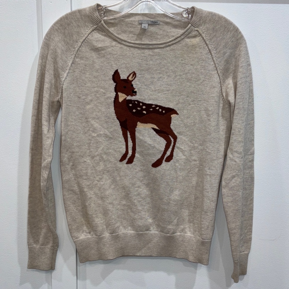 Halogen Beige Crewneck Sweater with Brown Deer Motif